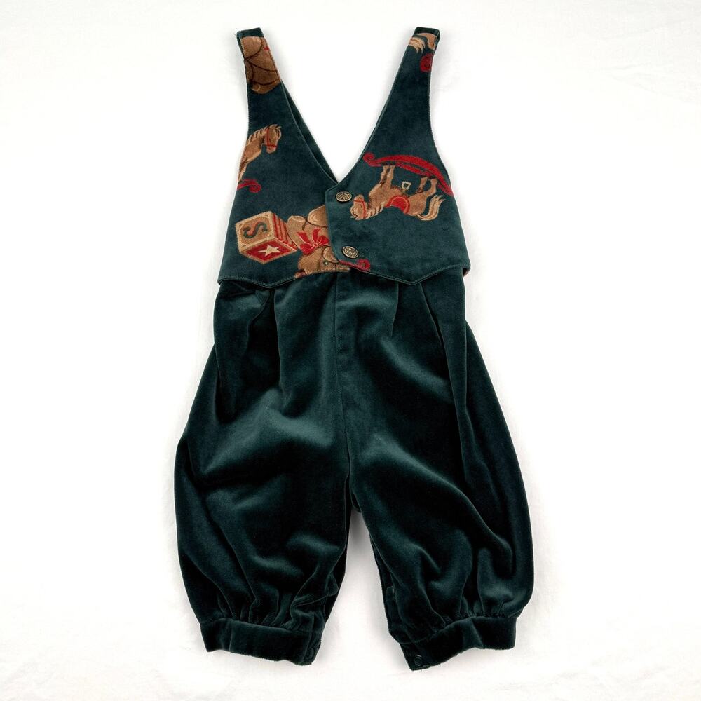 Vintage Baby Overalls Green Velvet Festive Holiday Print Made in USA 24M